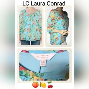 LC Laura Conrad, NWOT, Peasant Chiffon Blouse, Fruit Print, Size XXL